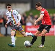 6 May 2022; Matty Smith of Derry City in action against Dawson Devoy of Bohemians during the SSE Airtricity League Premier Division match between Derry City and Bohemians at The Ryan McBride Brandywell Stadium in Derry. Photo by Stephen McCarthy/Sportsfile