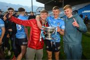 18 May 2022; Ryan Mitchell of Dublin celebrates with the cup after the Electric Ireland Leinster GAA Minor Football Championship Final match between Dublin and Kildare at MW Hire O'Moore Park in Portlaoise, Laois. Photo by Stephen McCarthy/Sportsfile