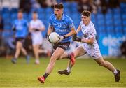 18 May 2022; Clyde Burke of Dublin in action against Niall Cramer of Kildare during the Electric Ireland Leinster GAA Minor Football Championship Final match between Dublin and Kildare at MW Hire O'Moore Park in Portlaoise, Laois. Photo by Stephen McCarthy/Sportsfile