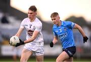 18 May 2022; Ryan Sinkey of Kildare in action against Dylan Clark of Dublin during the Electric Ireland Leinster GAA Minor Football Championship Final match between Dublin and Kildare at MW Hire O'Moore Park in Portlaoise, Laois. Photo by Stephen McCarthy/Sportsfile