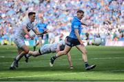 28 May 2022; Aaron Byrne of Dublin in action against David Hyland and Mick O'Grady, left, of Kildare during the Leinster GAA Football Senior Championship Final match between Dublin and Kildare at Croke Park in Dublin. Photo by Stephen McCarthy/Sportsfile