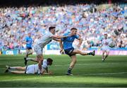 28 May 2022; Aaron Byrne of Dublin in action against Mick O'Grady and David Hyland of Kildare during the Leinster GAA Football Senior Championship Final match between Dublin and Kildare at Croke Park in Dublin. Photo by Stephen McCarthy/Sportsfile