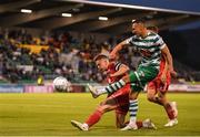 27 May 2022; Graham Burke of Shamrock Rovers in action against Luke Byrne of Shelbourne during the SSE Airtricity League Premier Division match between Shamrock Rovers and Shelbourne at Tallaght Stadium in Dublin. Photo by Eóin Noonan/Sportsfile