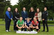 2 June 2022; WNL players Tiegan Ruddy of Peamount United, front left, Laurie Ryan of Athlone Town and Katie Burdis of Bohemians, right, with back row, left to right, DLR Waves Manager Graham Kelly, Erika Ni Thuama, Community and Academy Co Ordinator, Cork City FC, League of Ireland Director, Mark Scanlon, Andrea Koenigstorfer, Resource Officer for Suicide Prevention, Niamh O'Mahony, National League Committee Member, COO Football Supporters Europe and League Official Michelle O'Neill during the SSE Airtricity WNL Well-Being Programme Launch at the FAI Headquarters in Abbotstown, Dublin. Photo by George Tewkesbury/Sportsfile