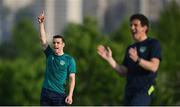 2 June 2022; Seamus Coleman and coach Keith Andrews during a Republic of Ireland training session at the Yerevan Football Academy in Yerevan, Armenia. Photo by Stephen McCarthy/Sportsfile