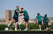 2 June 2022; Shane Duffy, left, and Enda Stevens during a Republic of Ireland training session at the Yerevan Football Academy in Yerevan, Armenia. Photo by Stephen McCarthy/Sportsfile