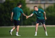 2 June 2022; James McClean, right, and Ryan Manning during a Republic of Ireland training session at the Yerevan Football Academy in Yerevan, Armenia. Photo by Stephen McCarthy/Sportsfile