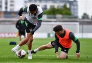2 June 2022; Tyreik Wright, left, and Joe Hodge during a Republic of Ireland U21's training session at Tallaght Stadium in Dublin. Photo by Ben McShane/Sportsfile