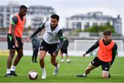 2 June 2022; Tyreik Wright, centre, and Joe Hodge, right, during a Republic of Ireland U21's training session at Tallaght Stadium in Dublin. Photo by Ben McShane/Sportsfile