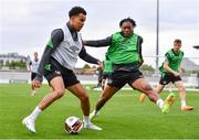 2 June 2022; Tyreik Wright, left, and Tayo Adaramola during a Republic of Ireland U21's training session at Tallaght Stadium in Dublin. Photo by Ben McShane/Sportsfile