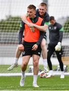 2 June 2022; Andy Lyons, left, and Ross Tierney during a Republic of Ireland U21's training session at Tallaght Stadium in Dublin. Photo by Ben McShane/Sportsfile