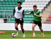 2 June 2022; Tyreik Wright, left, and Gavin Kilkenny during a Republic of Ireland U21's training session at Tallaght Stadium in Dublin. Photo by Ben McShane/Sportsfile