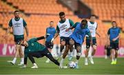 3 June 2022; Michael Obafemi, right, with Cyrus Christie and goalkeeper Caoimhin Kelleher, left, during a Republic of Ireland training session at Vazgen Sargsyan Republican Stadium in Yerevan, Armenia. Photo by Stephen McCarthy/Sportsfile