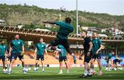 3 June 2022; Players, from left, Enda Stevens, Nathan Collins and Will Keane with coach Stephen Rice watch on as Michael Obafemi keeps the ball in play during a Republic of Ireland training session at Vazgen Sargsyan Republican Stadium in Yerevan, Armenia.  Photo by Stephen McCarthy/Sportsfile