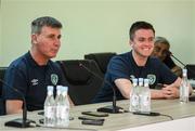 3 June 2022; Manager Stephen Kenny and Kieran Crowley, FAI communications manager, during a Republic of Ireland press conference at Vazgen Sargsyan Republican Stadium in Yerevan, Armenia. Photo by Stephen McCarthy/Sportsfile