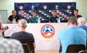 3 June 2022; Seamus Coleman, manager Stephen Kenny and Kieran Crowley, FAI communications manager, right, during a Republic of Ireland press conference at Vazgen Sargsyan Republican Stadium in Yerevan, Armenia. Photo by Stephen McCarthy/Sportsfile