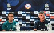 3 June 2022; Manager Stephen Kenny and Seamus Coleman during a Republic of Ireland press conference at Vazgen Sargsyan Republican Stadium in Yerevan, Armenia. Photo by Stephen McCarthy/Sportsfile
