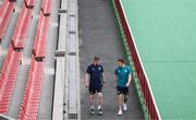 3 June 2022; Manager Stephen Kenny and Seamus Coleman arrive for a Republic of Ireland press conference at Vazgen Sargsyan Republican Stadium in Yerevan, Armenia. Photo by Stephen McCarthy/Sportsfile