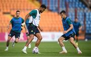 3 June 2022; Cyrus Christie and Jason Knight, right, during a Republic of Ireland training session at Vazgen Sargsyan Republican Stadium in Yerevan, Armenia. Photo by Stephen McCarthy/Sportsfile