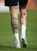 3 June 2022; A detailed view of tattoos on the legs of James McClean during a Republic of Ireland training session at Vazgen Sargsyan Republican Stadium in Yerevan, Armenia. Photo by Stephen McCarthy/Sportsfile