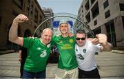 3 June 2022; Republic of Ireland supporters, from left, Ronan Coleman, from Galway City, Andy Zundell, from Ballyneety, Limerick, and Paulie Thompson, from Athenry, Galway, on Northern Avenue in Yerevan, ahead of their side's UEFA Nations League match against Armenia on Saturday at the Vazgen Sargsyan Republican Stadium. Photo by Stephen McCarthy/Sportsfile
