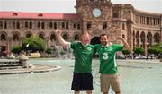 3 June 2022; Republic of Ireland supporters Keith Coleman, left, and Aidan O'Brien, from Skerries, Dublin, in Republic Square, Yerevan, ahead of their side's UEFA Nations League match against Armenia on Saturday at the Vazgen Sargsyan Republican Stadium. Photo by Stephen McCarthy/Sportsfile