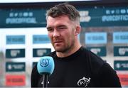 3 June 2022; Munster captain Peter O'Mahony is interviewed before the United Rugby Championship Quarter-Final match between Ulster and Munster at Kingspan Stadium in Belfast. Photo by Ben McShane/Sportsfile