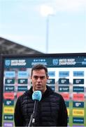 3 June 2022; Munster head coach Johann van Graan is interviewed before the United Rugby Championship Quarter-Final match between Ulster and Munster at Kingspan Stadium in Belfast. Photo by Ben McShane/Sportsfile