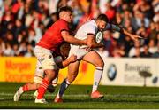 3 June 2022; Stuart McCloskey of Ulster is tackled by Alex Kendellen and Gavin Coombes of Munster during the United Rugby Championship Quarter-Final match between Ulster and Munster at Kingspan Stadium in Belfast. Photo by Ben McShane/Sportsfile