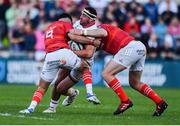 3 June 2022; Rob Herring of Ulster is tackled by Conor Murray, left, and Stephen Archer of Munster during the United Rugby Championship Quarter-Final match between Ulster and Munster at Kingspan Stadium in Belfast. Photo by Ben McShane/Sportsfile