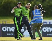 3 June 2022; Ireland players Leah Paul and Gaby Lewis celebrate after their side's victroy in the Women's T20 International match between Ireland and South Africa at Pembroke Cricket Club in Dublin. Photo by Sam Barnes/Sportsfile