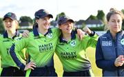 3 June 2022; Ireland players including Shauna Kavanagh, second from left, and Cara Murray, second from right, celebrate after their side's victory in the Women's T20 International match between Ireland and South Africa at Pembroke Cricket Club in Dublin. Photo by Sam Barnes/Sportsfile