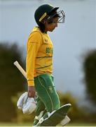 3 June 2022; Shabnim Ismail of South Africa leaves the field dejected after her side's defeat in the Women's T20 International match between Ireland and South Africa at Pembroke Cricket Club in Dublin. Photo by Sam Barnes/Sportsfile