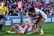3 June 2022; Stewart Moore of Ulster celebrates with teammate Robert Baloucoune, right, after scoring their side's third try during the United Rugby Championship Quarter-Final match between Ulster and Munster at Kingspan Stadium in Belfast. Photo by Ben McShane/Sportsfile