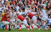 3 June 2022; Robert Baloucoune of Ulster is tackled by Ben Healy of Munster during the United Rugby Championship Quarter-Final match between Ulster and Munster at Kingspan Stadium in Belfast. Photo by Ramsey Cardy/Sportsfile