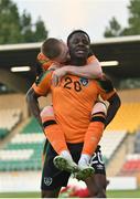 3 June 2022; Ademipo Odubeko of Republic of Ireland, front, celebrates with teammate Ross Tierney after scoring his side's second goal during the UEFA European U21 Championship qualifying group F match between Republic of Ireland and Bosnia and Herzegovina at Tallaght Stadium in Dublin. Photo by Seb Daly/Sportsfile