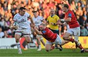 3 June 2022; James Hume of Ulster is tackled by Jeremy Loughman of Munster during the United Rugby Championship Quarter-Final match between Ulster and Munster at Kingspan Stadium in Belfast. Photo by Ramsey Cardy/Sportsfile