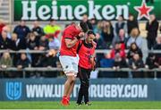 3 June 2022; Thomas Ahern of Munster leaves the pitch with an injury during the United Rugby Championship Quarter-Final match between Ulster and Munster at Kingspan Stadium in Belfast. Photo by Ramsey Cardy/Sportsfile