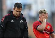 3 June 2022; Munster head coach Johann van Graan, left, and Craig Casey of Munster after the United Rugby Championship Quarter-Final match between Ulster and Munster at Kingspan Stadium in Belfast. Photo by Ramsey Cardy/Sportsfile