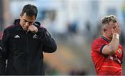 3 June 2022; Munster head coach Johann van Graan, left, and Craig Casey of Munster after the United Rugby Championship Quarter-Final match between Ulster and Munster at Kingspan Stadium in Belfast. Photo by Ramsey Cardy/Sportsfile