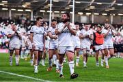 3 June 2022; Ulster players, including John Andrew, centre, applauds to the supporters after their victory in the United Rugby Championship Quarter-Final match between Ulster and Munster at Kingspan Stadium in Belfast. Photo by Ben McShane/Sportsfile