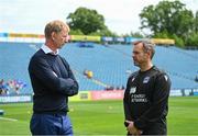 4 June 2022; Leinster head coach Leo Cullen speaks with Glasgow Warriors head coach Danny Wilson before the United Rugby Championship Quarter-Final match between Leinster and Glasgow Warriors at RDS Arena in Dublin. Photo by Harry Murphy/Sportsfile