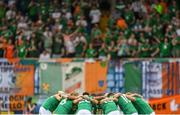 4 June 2022; The Republic of Ireland team huddle before the UEFA Nations League B group 1 match between Armenia and Republic of Ireland at Vazgen Sargsyan Republican Stadium in Yerevan, Armenia. Photo by Stephen McCarthy/Sportsfile