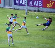 4 June 2022; Anton Sullivan of Offaly shoots to score his side's second goal during the Tailteann Cup Quarter-Final match between Offaly and New York at O'Connor Park in Tullamore, Offaly. Photo by David Fitzgerald/Sportsfile