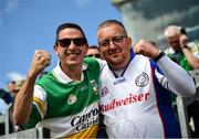 4 June 2022; Offaly supporter Derek Minnock, left, and New York supporter Johnny O'Connor during the Tailteann Cup Quarter-Final match between Offaly and New York at O'Connor Park in Tullamore, Offaly. Photo by David Fitzgerald/Sportsfile