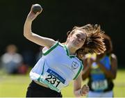 4 June 2022; Leah Murray of Ardscoil Rathangan, Kildare, competing in the junior girls shot put at the Irish Life Health All Ireland Schools Track and Field Championships at Tullamore in Offaly. Photo by Sam Barnes/Sportsfile