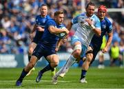 4 June 2022; Jordan Larmour of Leinster makes a break on his way to scoring his side's second try during the United Rugby Championship Quarter-Final match between Leinster and Glasgow Warriors at RDS Arena in Dublin. Photo by Harry Murphy/Sportsfile