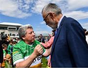 4 June 2022; Offaly supporter Mick McDonagh and Uachtarán Chumann Lúthchleas Gael Larry McCarthy after the Tailteann Cup Quarter-Final match between Offaly and New York at O'Connor Park in Tullamore, Offaly. Photo by David Fitzgerald/Sportsfile