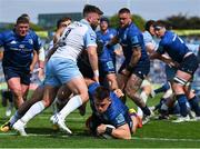 4 June 2022; Dan Sheehan of Leinster scores his side's fourth try despite the effords of Ali Price of Glasgow Warriors during the United Rugby Championship Quarter-Final match between Leinster and Glasgow Warriors at RDS Arena in Dublin. Photo by Brendan Moran/Sportsfile