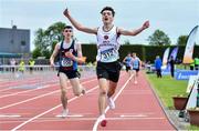 4 June 2022; Cormac Dixon of Holy Family Rathcoole, Dublin, celebrates winning the intermediate boys 3000m at the Irish Life Health All Ireland Schools Track and Field Championships at Tullamore in Offaly. Photo by Sam Barnes/Sportsfile